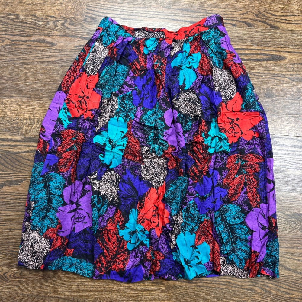 Vtg Worthington Floral Skirt Womens 18 Purple Teal Rayon‎ Pleated Pockets